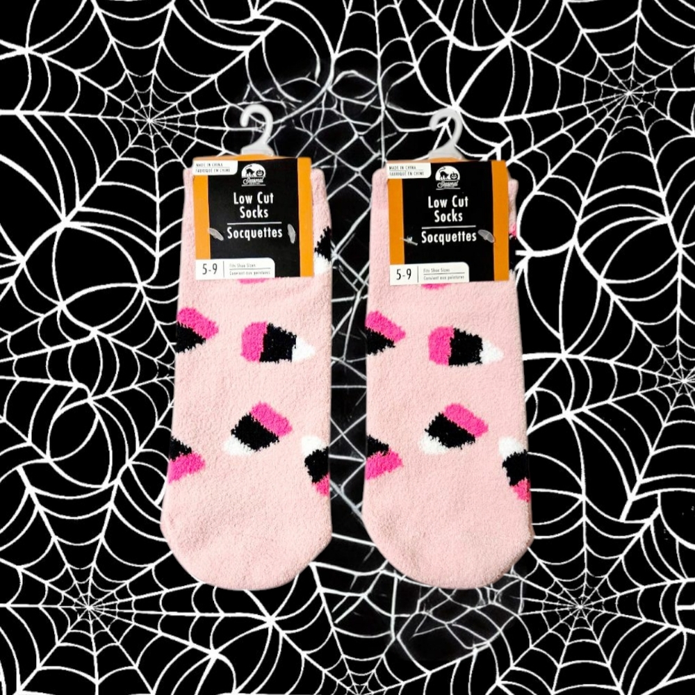 New! Adorable Pink Candy Corn Fuzzy Socks, Halloween Pink Socks, Low Cut Socks